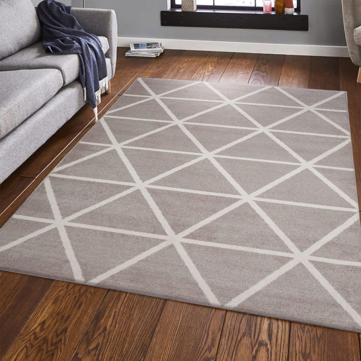 Laagpolig Tapijt met Ruitpatroon Beige 120x170cm Onderhoudsarm en Geschikt voor Vloerverwa
