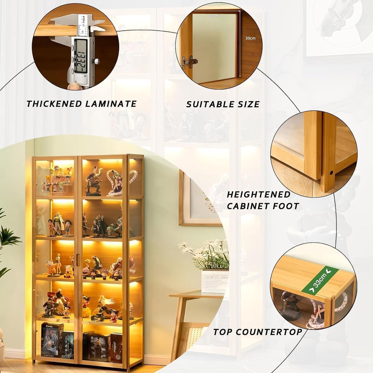 Vitrinekast Casa Velluto 5-planken Staande Displaykast – Modern Bamboe Boekenkast met Acryldeuren – Stofdicht Vitrine voor Woonkamer, Thuiskantoor, Speelkamer en Verzamelobjecten – Dubbele bruine deur