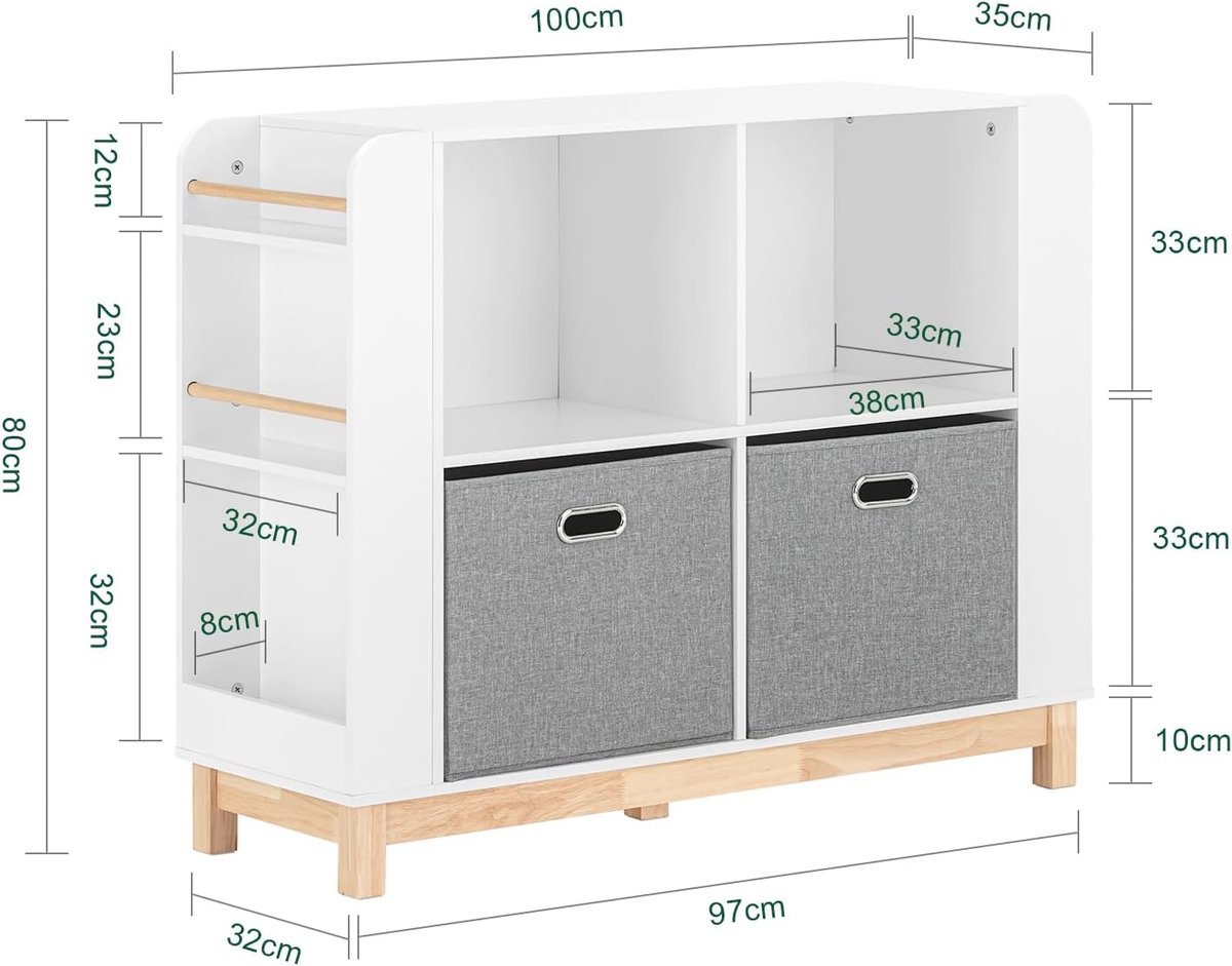 Kinderboekenkast 100x35x80 cm – Casa Velluto Kids Organizer KMB85 – Boekenkast met 6 Zijplanken, 4 Open Vakken en 2 Mandjes – Speelgoedkast & Boekenplank voor Kinderkamer en Speelkamer – Minimalistisch Wit
