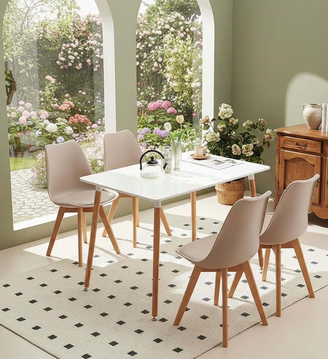 Scandinavische Eetkamerstoelen – Retro Design, Zachte Bekleding, Set van 4, Massief Beukenhout, Comfortabele Stoelen voor Keuken, Woonkamer en Eetkamer – Light Kaki Casa Serena