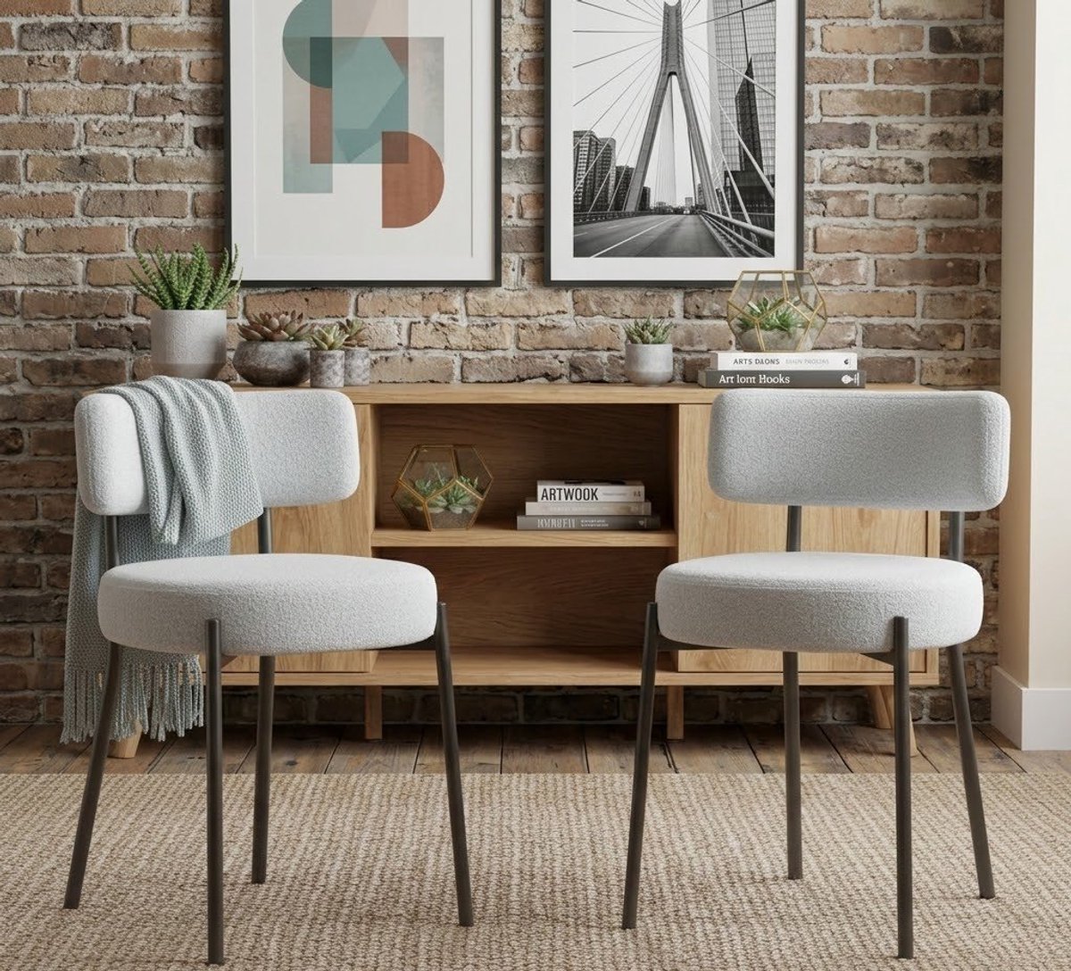 Luxe Teddy Bouclé Eetkamerstoelen Set van 2 met Rugleuning en Metalen Poten – Scandinavisch Modern Design – Zachte Voerde Keukenstoelen voor Eetkamer en Woonkamer – Grijs | Casa Serena – Afmetingen...
