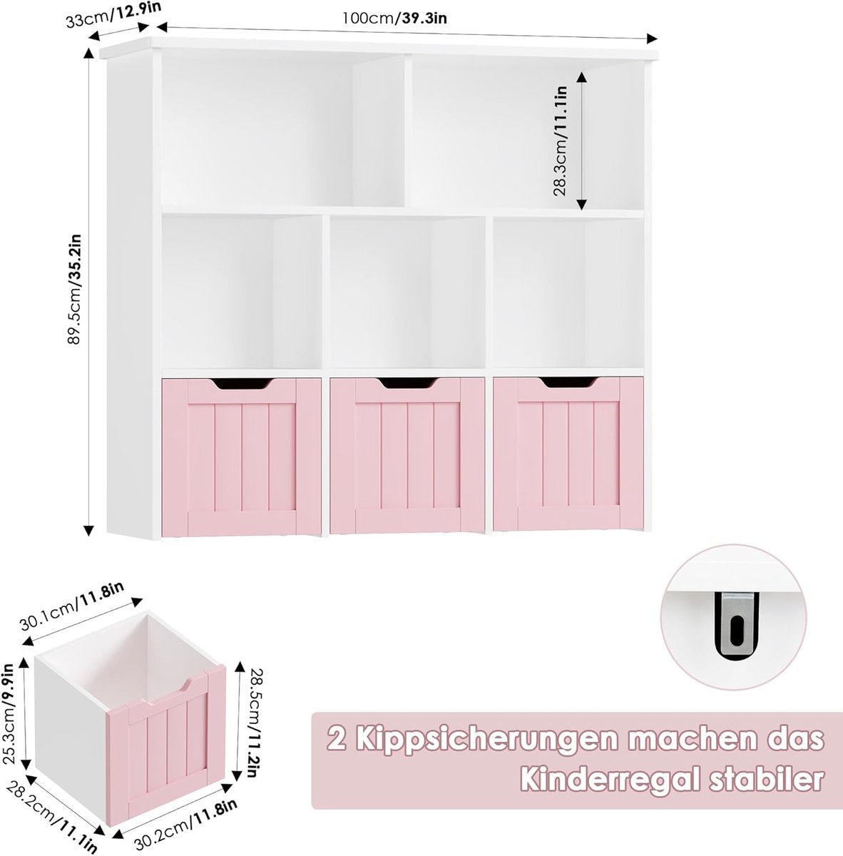 boekenkast -Kinder boekenkast met Laden op Wieltjes – Casa Velluto PlaySmart Kinderrek 3 Lade Opbergrek – Speelgoedkast en Kindermuurkast – Multifunctioneel Kindermeubel 100x33x89,5 cm – Roze