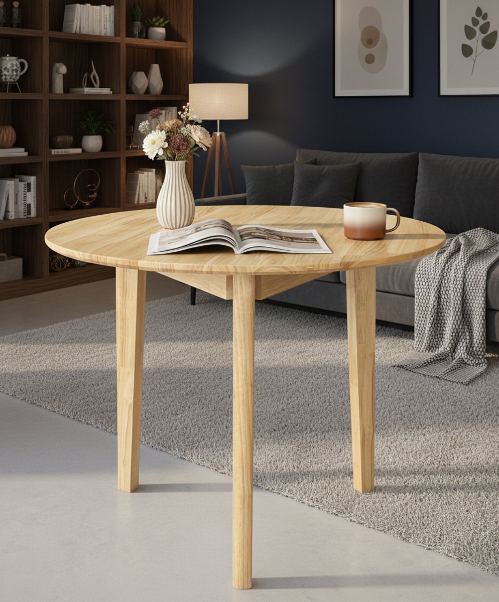 Ronde Massief Houten Eettafel Ø80 cm - Keukentafel met Schaalpoten - Naturel Rubberhout - Compact voor 2 tot 4 personen - Tijdloze Retro & Moderne Woonkamerstijl Casa Serena – 80 cm – Casa Dorada