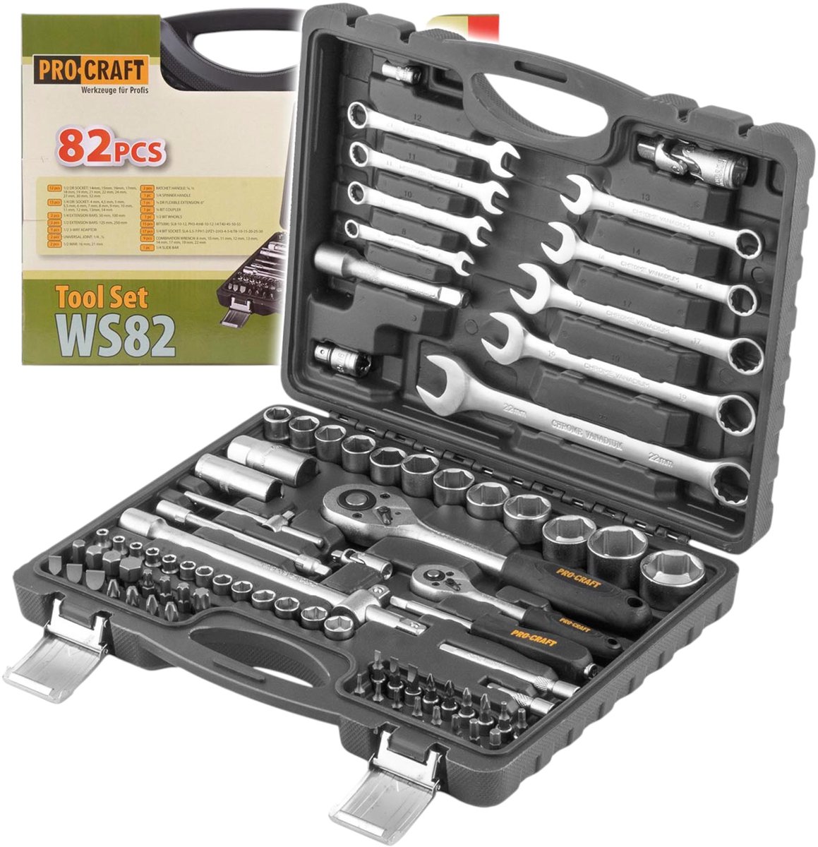 Procraft WS-82 steeksleutelset 82-delig 1/4" / 1/2" ratel / sleutel / steeksleutel / bits + koffer
