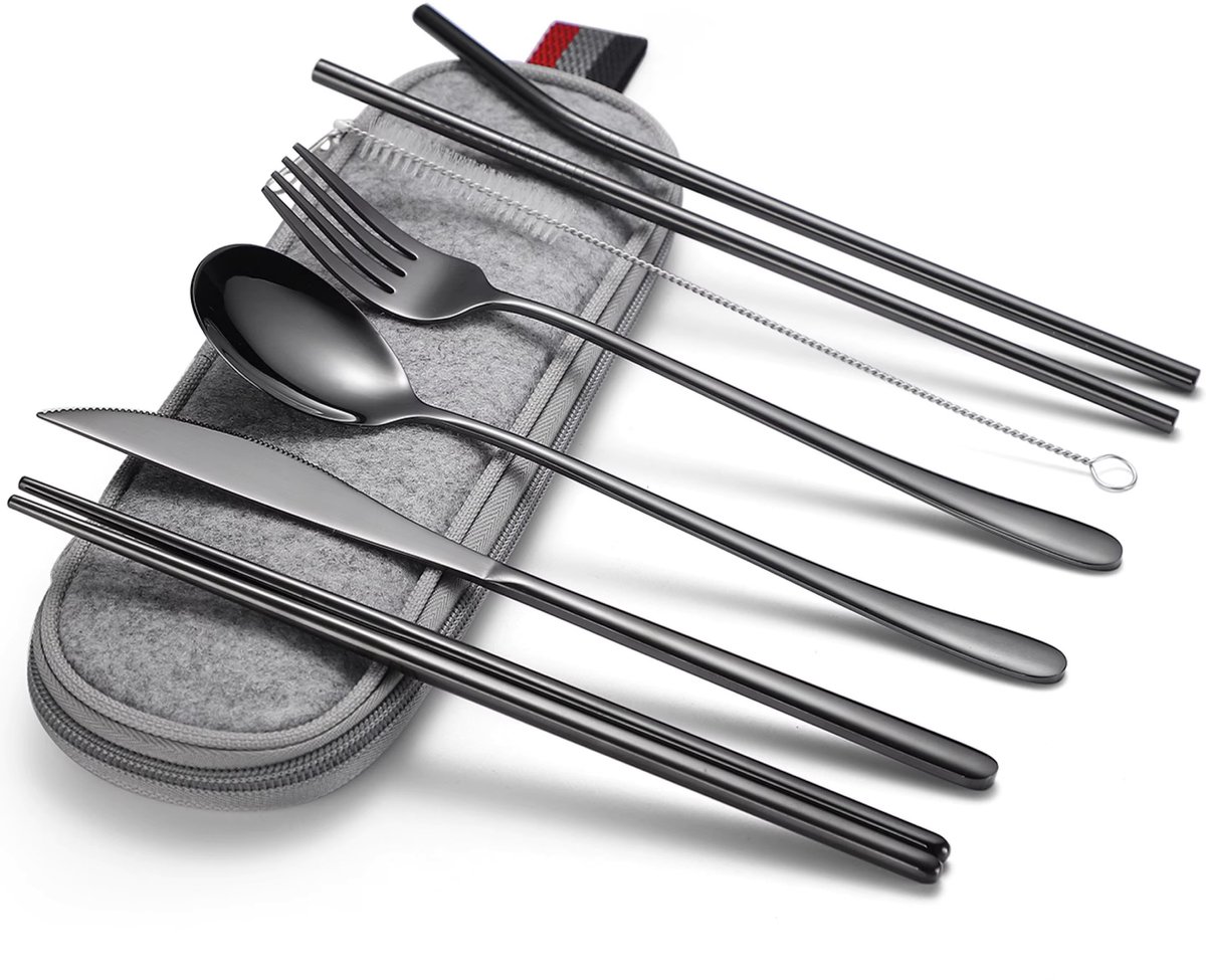 Luxe RVS Bestekset Zwart – 7-Delige Herbruikbare Bestek Set met Mes, Vork, Lepel, Eetstokjes en Rietjes – Inclusief Opberg Etui – Duurzaam Reisbestek