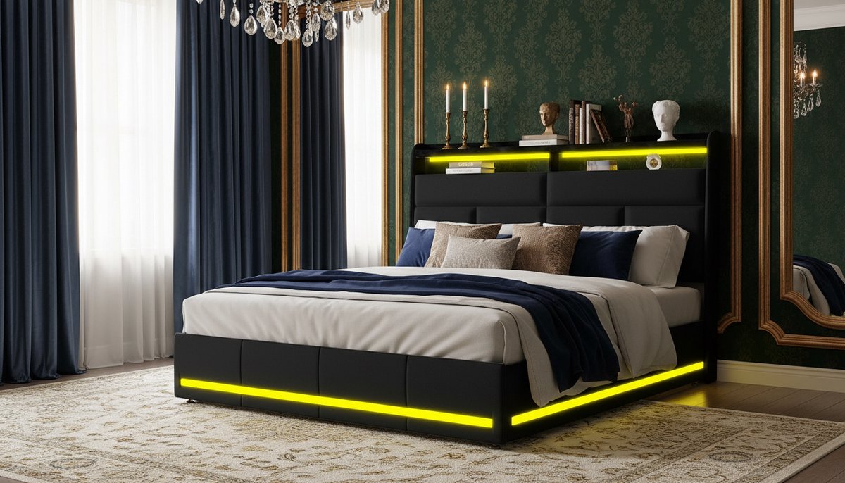 Opbergbed 140x200 cm Casa Velluto – Luxe Gevoerd Tweepersoonsbed met LED-verlichting, USB-poort en Hydraulische Opbergruimte – Modern Zwart Slaapkamerbed voor Volwassenen