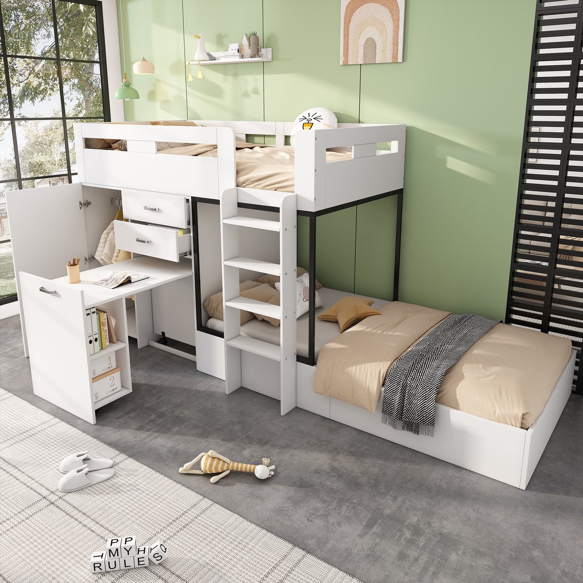 HAUSS SPOLE Stapelbed 90x200cm - Met Uitschuifbaar Bureau En Kledingkast - Met Lades En Opbergrekken - Met Lattenbodem - Zonder matras - MDF - Wit Zwart