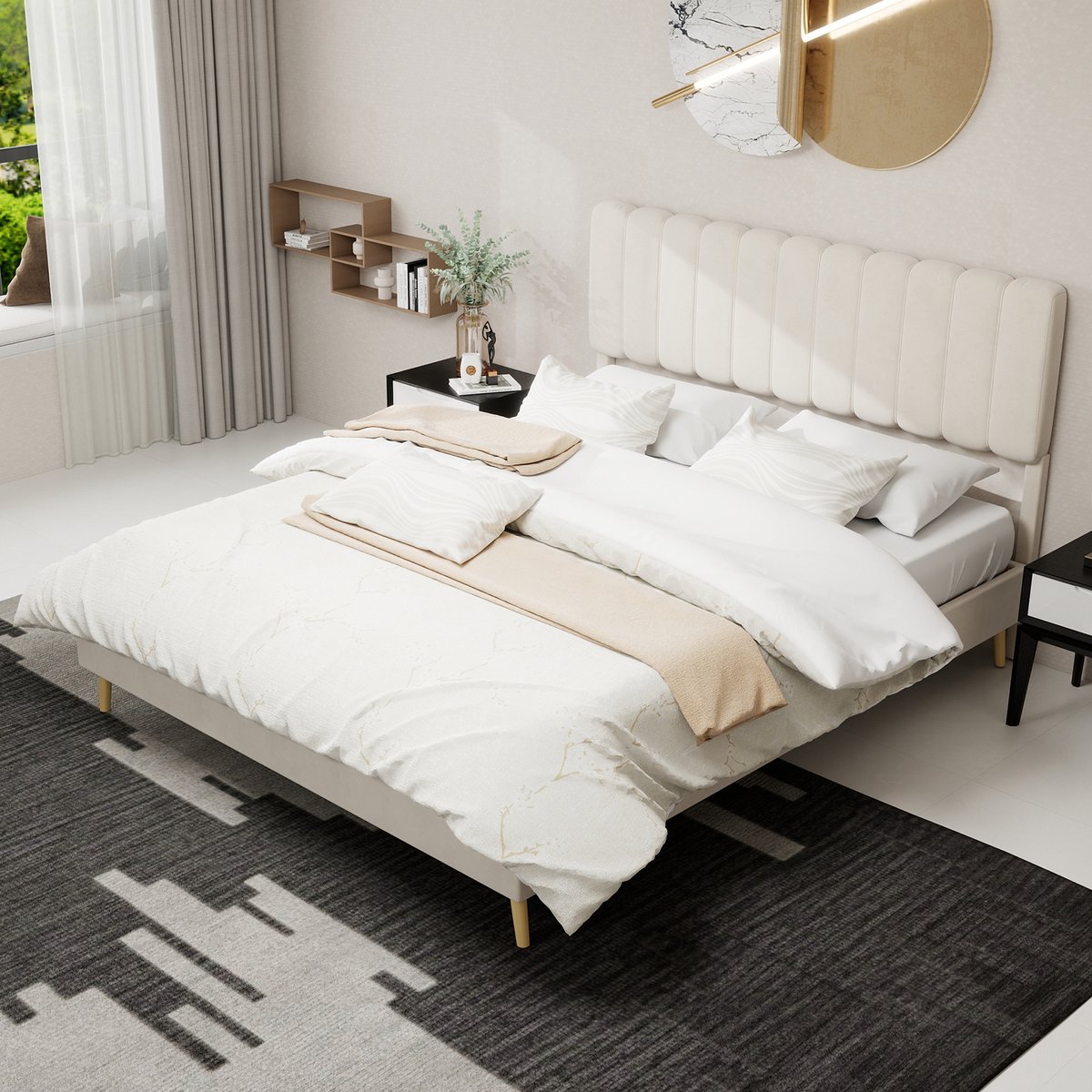 HAUSS SPOLE Gestoffeerd Bed 160x200cm - Laag Platformbed Met Pluche Hoofdbord - Zonder Matras - Stabiel En Stil - Stof En Metaal - Beige