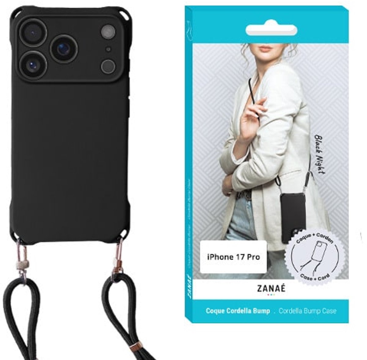 Zanaé - Backcover Cordella Bump - met koord - iPhone 17 Pro - Zwart