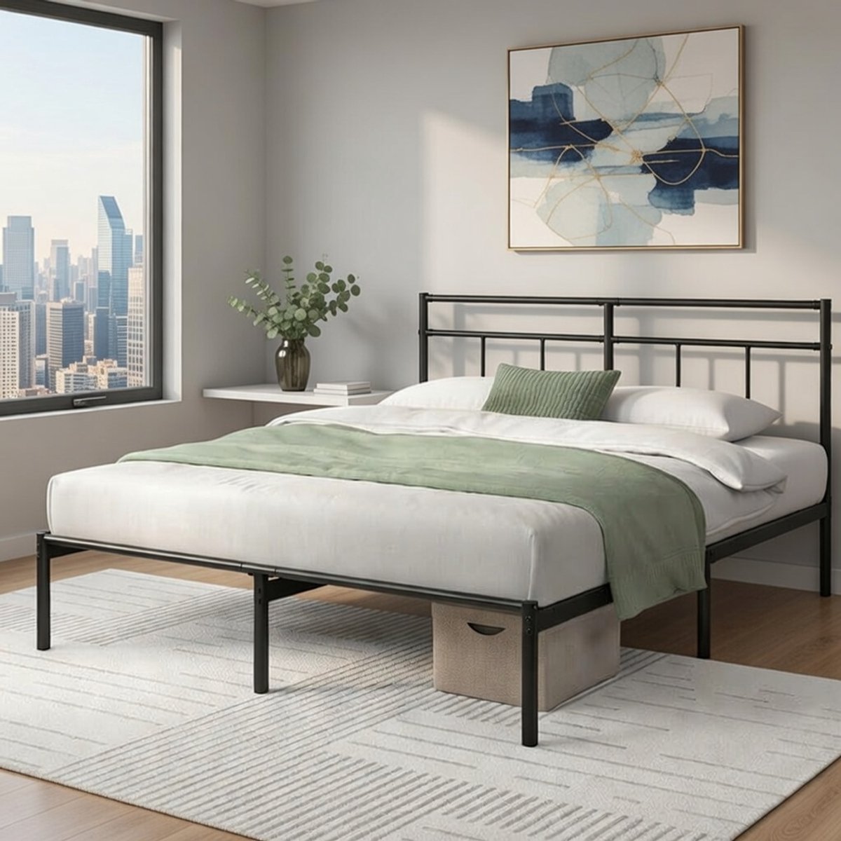 Vintage Stijl Metalen Bed 140x200 cm - Stevig Stalen Bedframe met lattenbodem - Modern Zwart Platformbed met 30 cm Opbergruimte - Groene Boxspring Nodig - Eenvoudig te Monteren Casa Serena