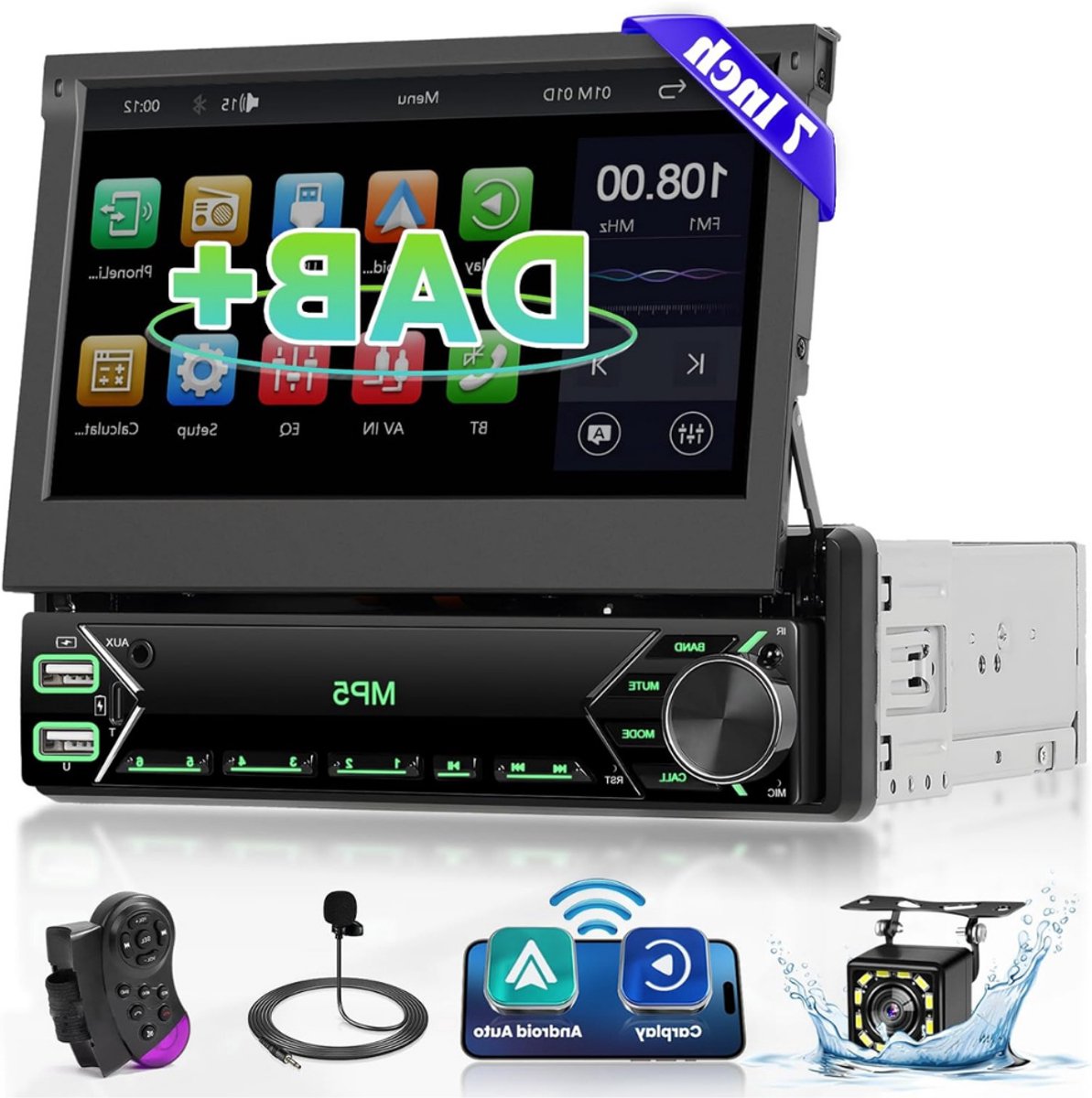 VIN® Autoradio met Klapscherm – Apple Carplay & Android Auto – Met 7 Inch Scherm – Inclusief Microfoon – Met Achteruitkijkcamera – USB, Aux, Bluetooth - Zwart