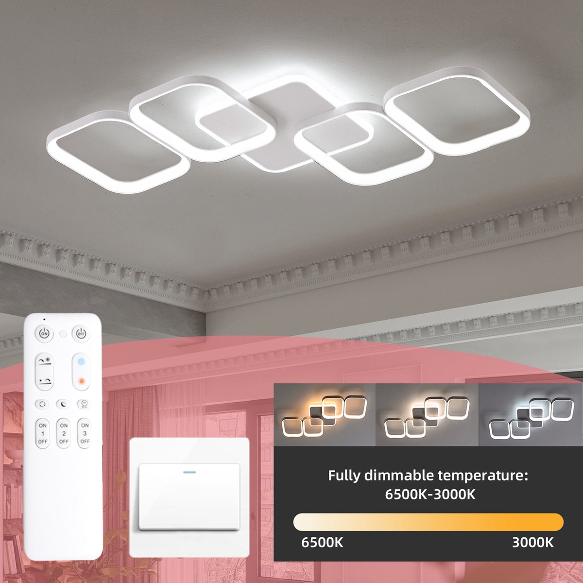 ANTENLICHT LED Plafondlamp - 4 Plafonniere Wit - Modern LED verlichting - 50W Woonkamer Lamp - Dimbaar met Afstandsbediening - Modern Slaapkamer Lamp - 3000K-6500K - 5600LM