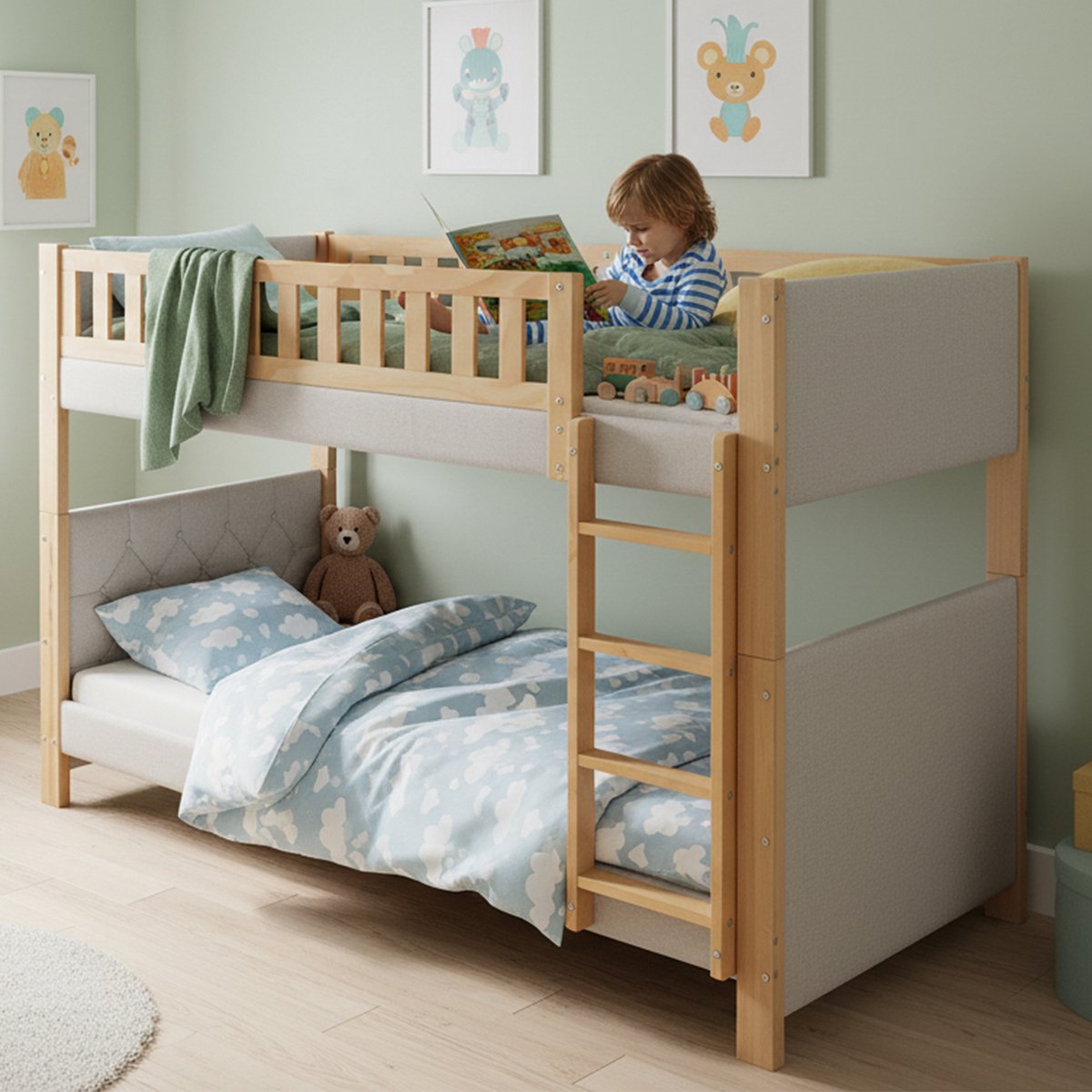 REDOM stapelbed 90x200 cm – Rubberhout + MDF grijs/naturel – Valbeveiliging, antibotsranden, 4-treden trap – 150 kg
