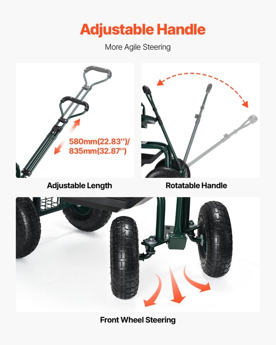 Rolbare tuinstoel met wielen, verstelbare hoogte en 360° draaibare zitting, draagvermogen 180 kg, tuinkar met rugleuning en opbergruimte voor gereedschap, ideaal voor werkzaamheden in de tuin, op het erf en op het terras — afbeelding 4