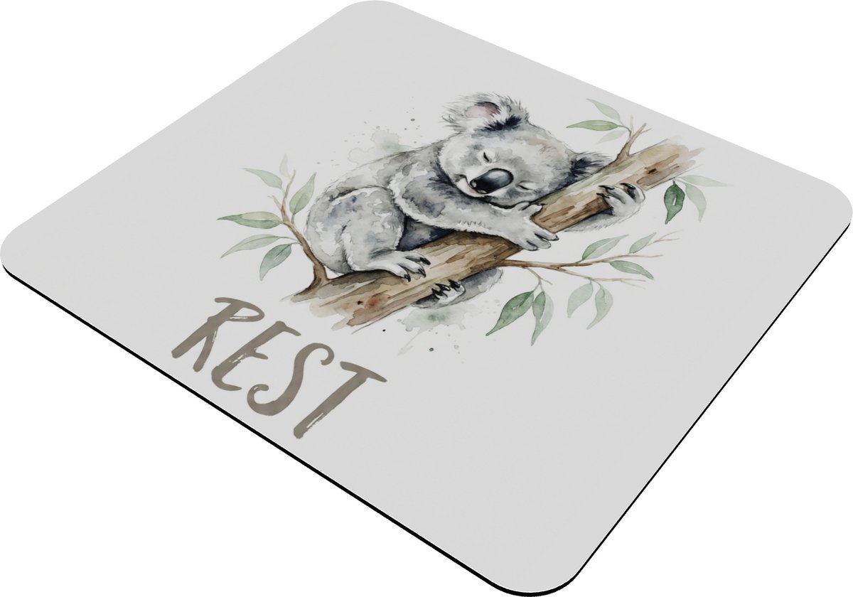 Muismat Slapende Koala met tekst Rest - Watercolor Dieren - 22x20 cm - Thuiswerkplek