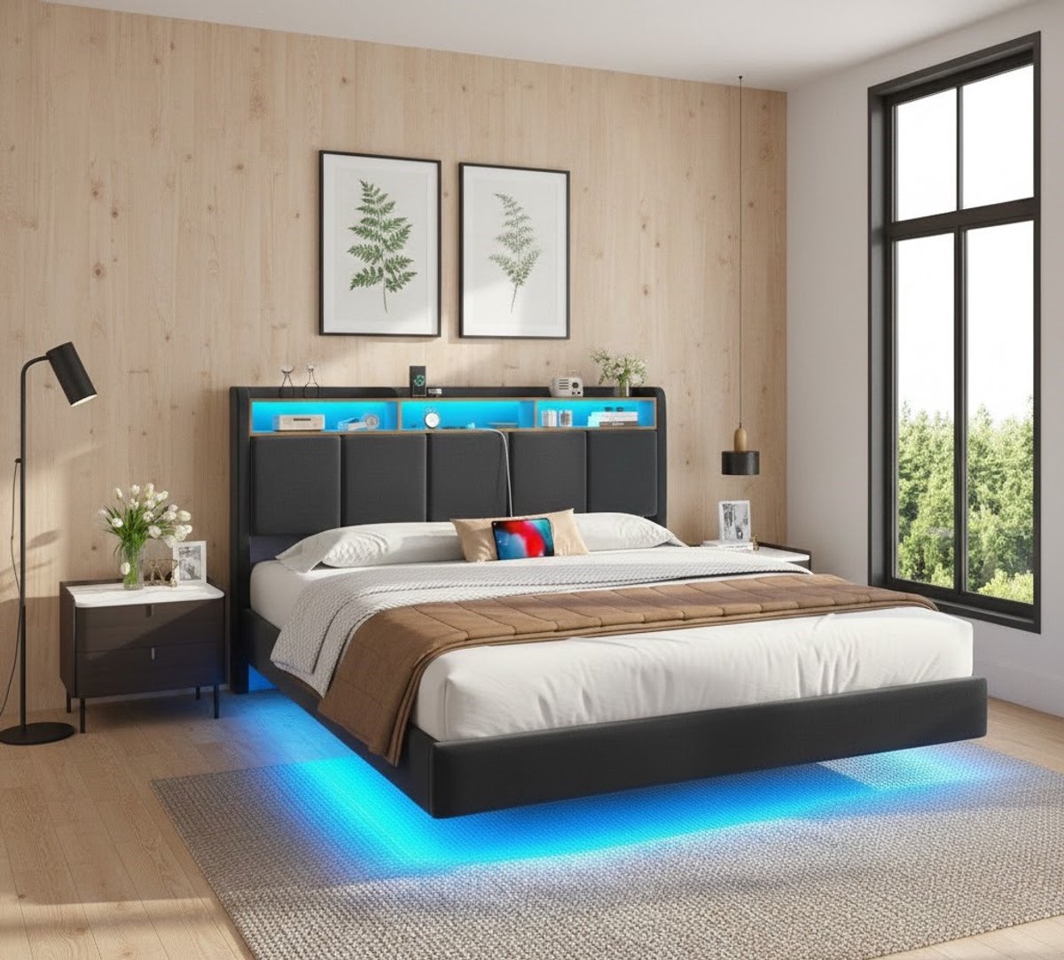 Luxe Gestoffeerd Zweefbed 180x200 cm met LED-verlichting, Hoofdeinde met Oplaadstation, Opbergruimte en Lattenbodem – Modern Tweepersoonsbed Linnen Grijs Medahomestore