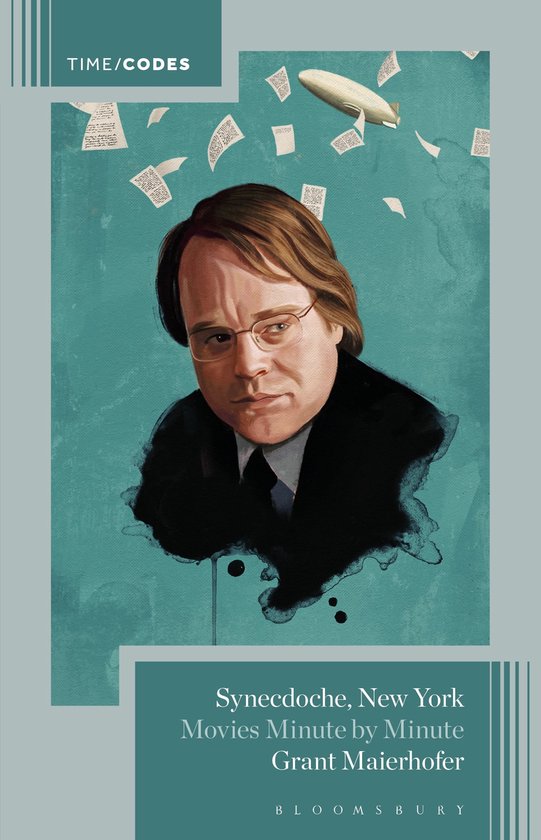Portrait de Philip Seymour Hoffman, avec des papiers et un zeppelin flottant autour.