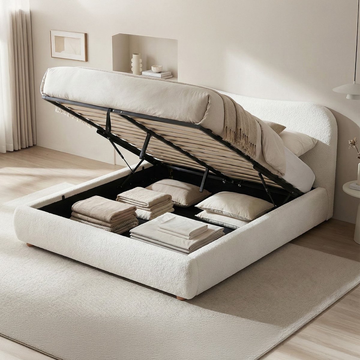 CLP Gestoffeerd bed Maido met opbergruimte - bedframe voor matrassen - lattenbodem - liftmechanisme - tweepersoonsbed met teddystof - creme