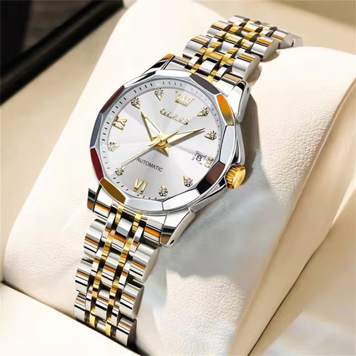 HO-9982L.gz : Olevs dames zilverkl automatisch-mechanisch edelstaal elegant tourbillon Polshorloge, luminiscerend, rhombol, kalenderdag, Diamant-zirkonia