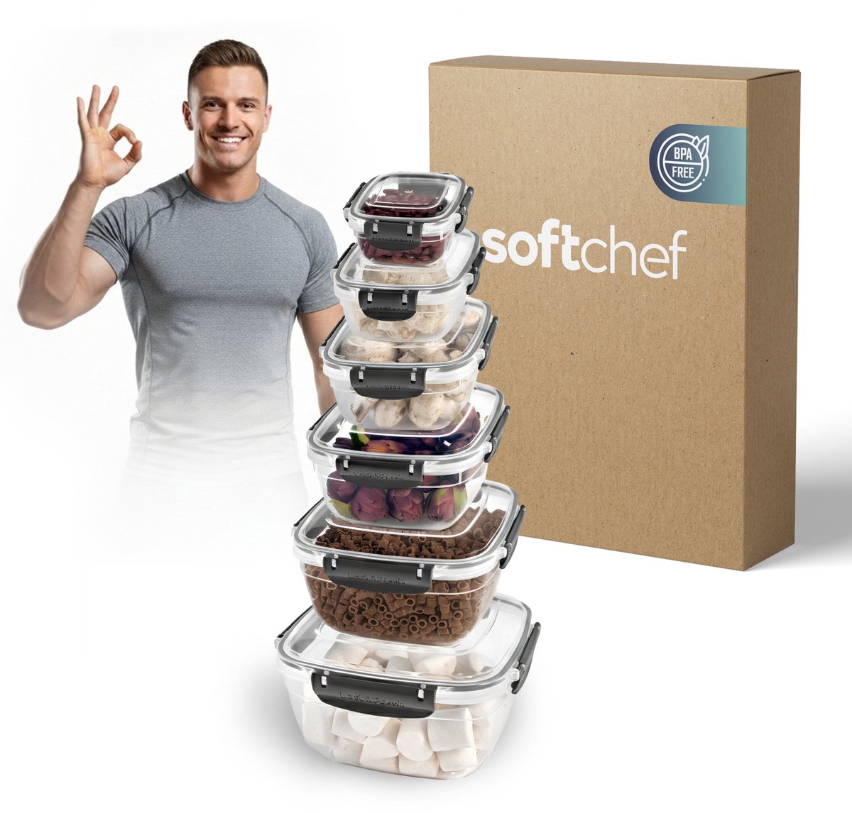 Soft Chef Lock&Fresh Vershoudbakjes Vierkant – 6-delig – 275-3750 ml – Lekvrij – BPA-vrij – Meal Prep – Antraciet