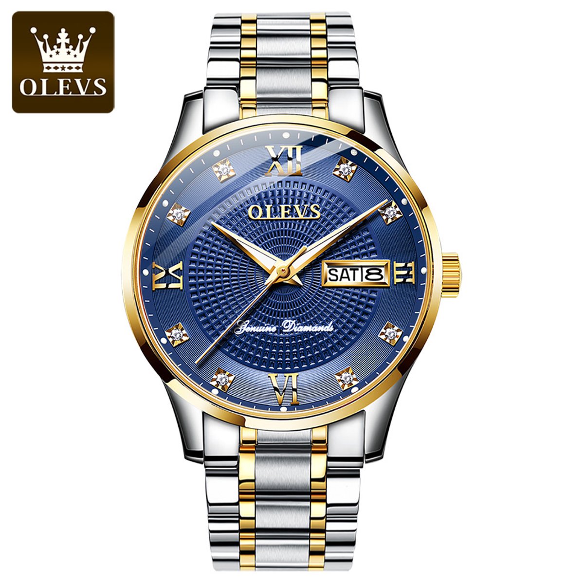 HO-6603.bl : Olevs zilvergoudkl tourbillon-mechanisch edelstaal heren horloge, blauwe wijzerplaat met aurora cirkel, luminiscerend, dagnaam, kalenderdag, Diamant-zirkonia