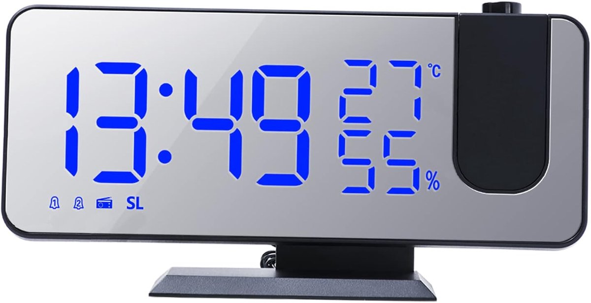 Digitale Projectie Wekker - Spiegelklok Thermometer - Tijd Weergeven - 180 Graden Projectie - 4 Inch Display - Zwart