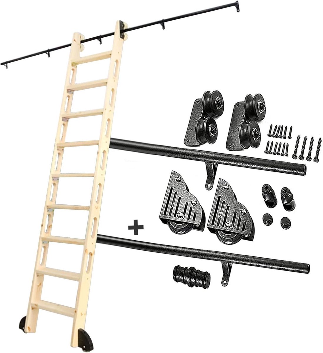 Schuifdeur Ladder Kit - Roller Systeem - Bibliotheek Toegang - Verstelbare Lengte - 3.3ft tot 20ft - Zwart