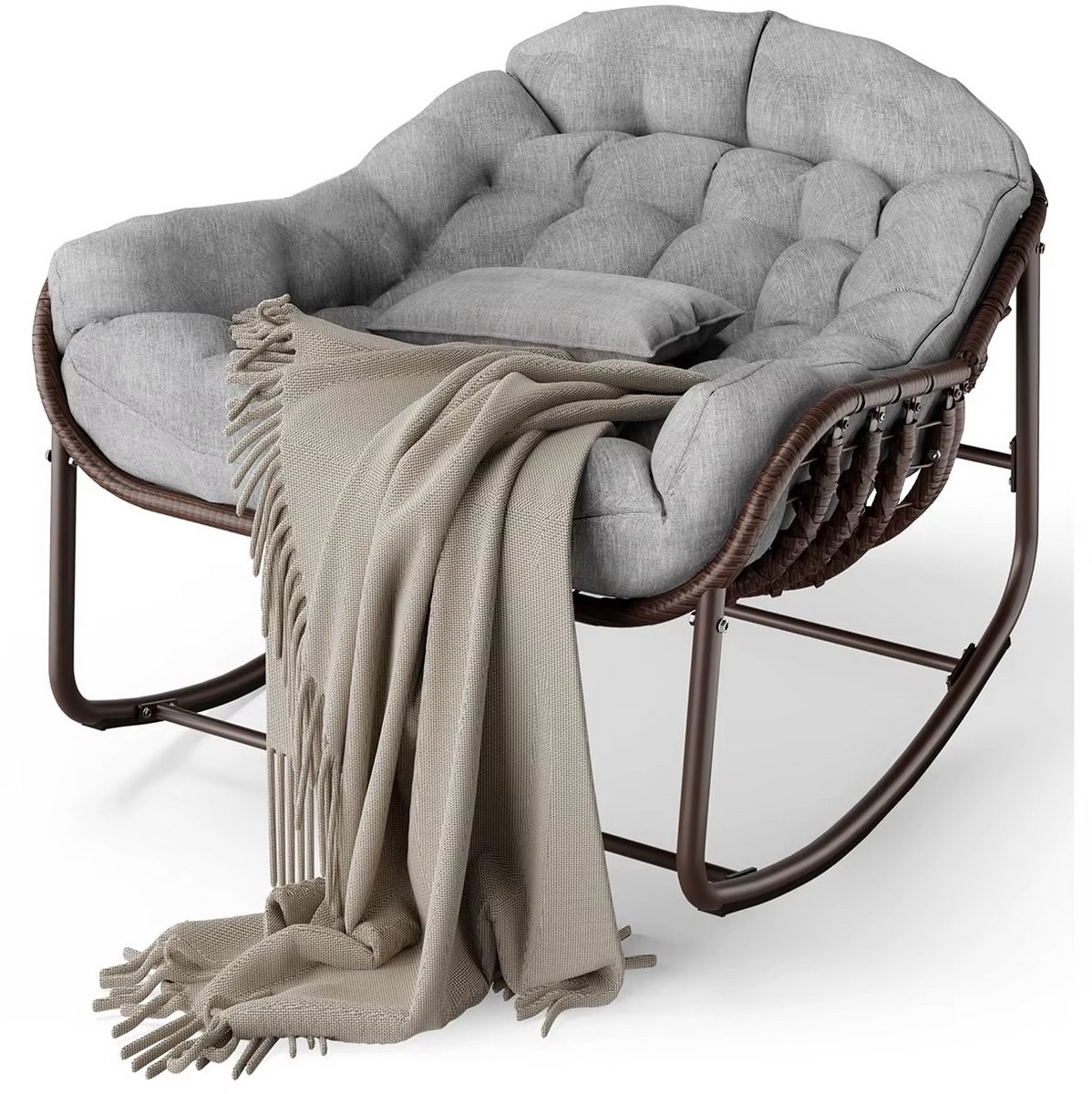 Rotan Schommelstoel met Kussen – Loungestoel voor Tuin en Balkon – Metalen Frame – Comfortabele Stoel voor Binnen en Buiten – Grijs