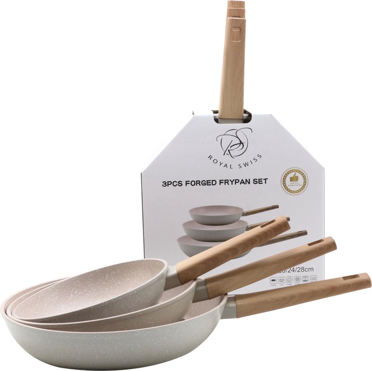 Set Koekenpannen - Koekenpan Set - Inductie Koken - Steencoating - 20 24 28 cm - Beige