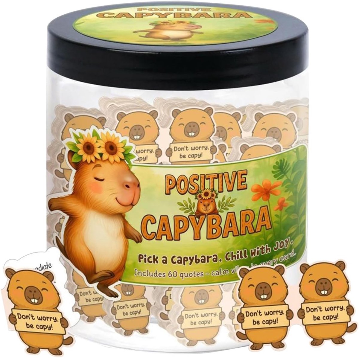 Dankbaarheids pot - Positieve kaarten - Dagelijkse intenties - 60 Cartoon kaarten - 7x7x8.5 cm