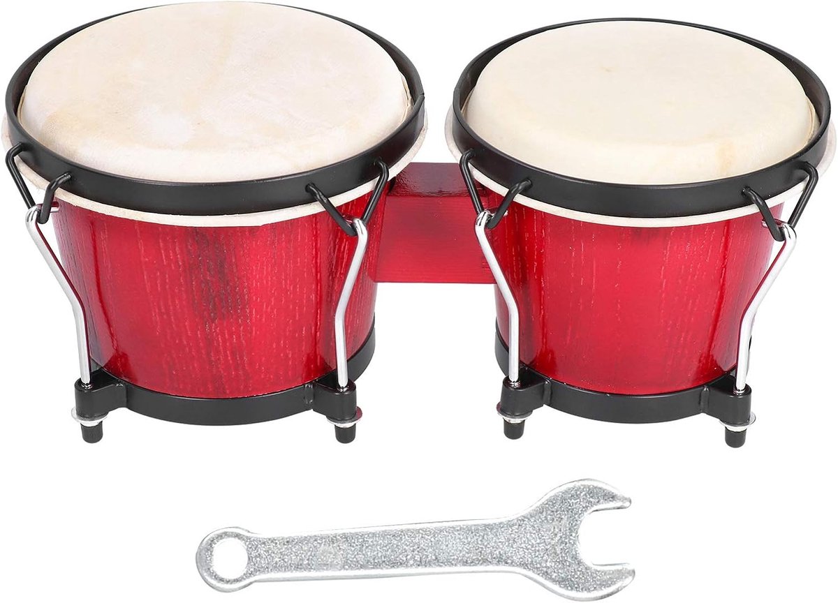 Houten Bongo Trommel - Ritme Instrument - Muziek Leren - Massief Hout - 41x22x19cm - Rood