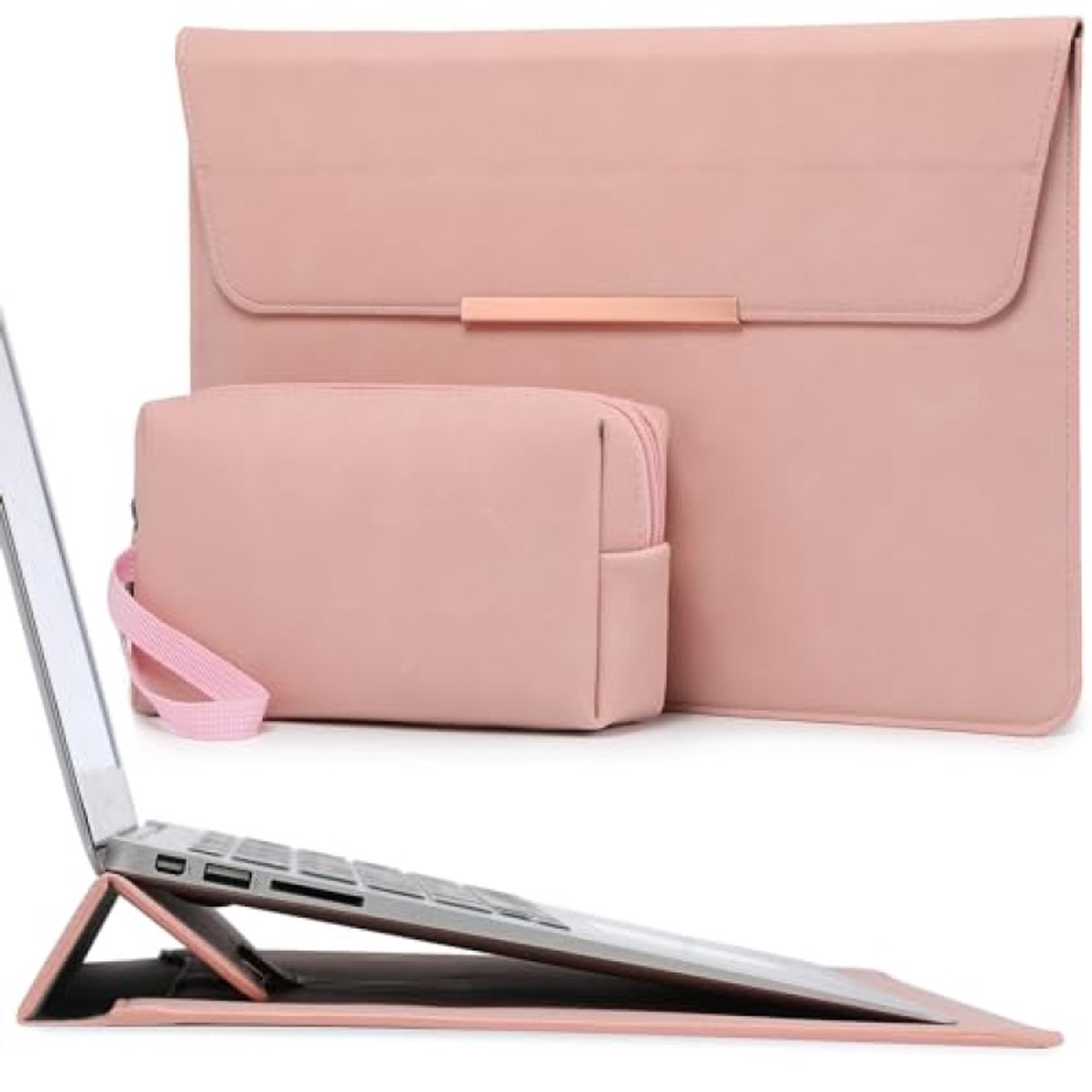 Roze laptophoes met standaard voor 13-14 inch laptops - Slank design en opbergvakje