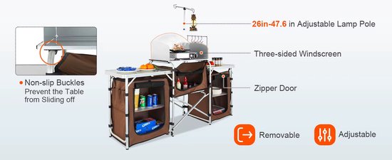 Opvouwbare Camping Keukentafel met Aluminium X-frame - Draagbaar Kookstation met Opbergruimte- BBQ & Picknick Tafelblad - MDF en Oxford Tas - Zwart — afbeelding 5