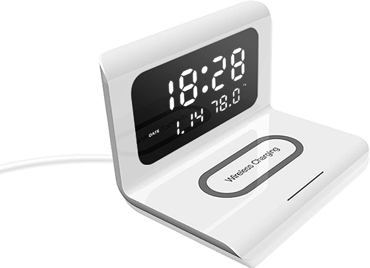 Digitale Wekker - Oplaadklok - Nachtkastje - Draadloze Oplader - 17.3x12.6cm - Wit
