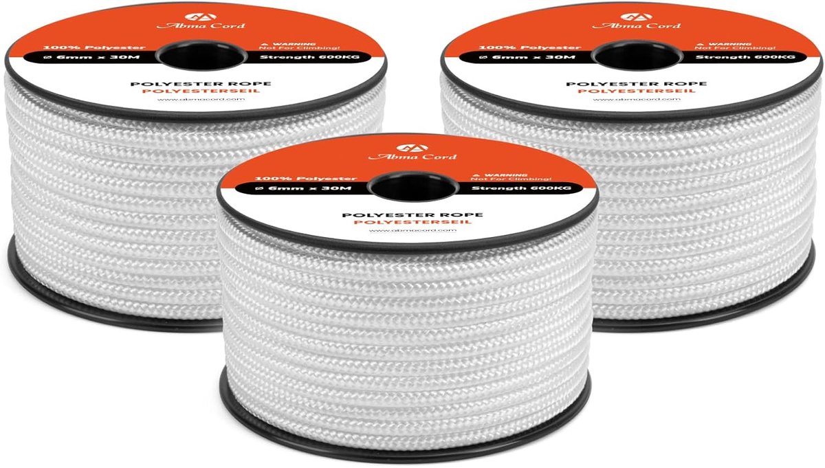 Gevlochten Polyester Touw - Sterk Koord - Buitenactiviteiten - Hoge Breeksterkte - 6mm x 30m - Wit