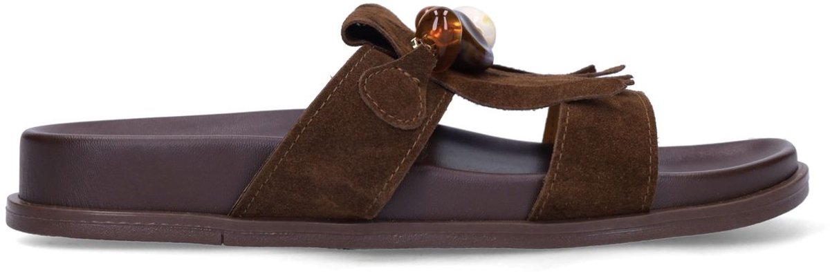 Manfield - Dames - Bruine suède sandalen met franjes en kralen - Maat 42