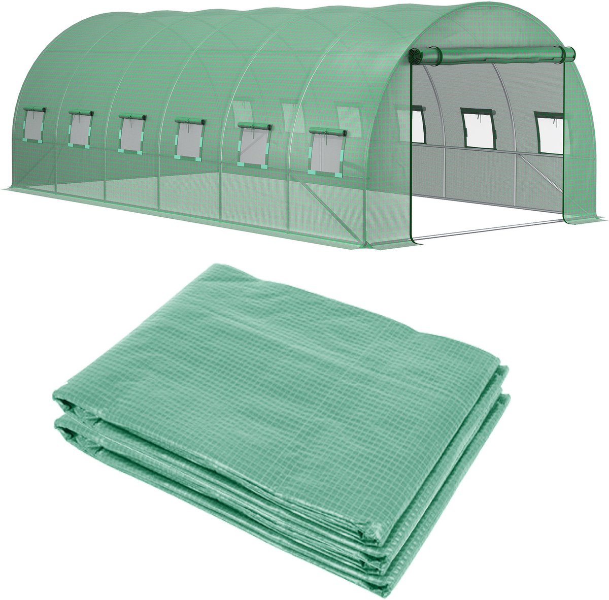 Killogood Tunnelkas vervangend zeil 18 m² - zeil 6 x 3 x 2 m PE anti-UV waterdicht 12 ramen + ritssluiting oprolbare deur groen