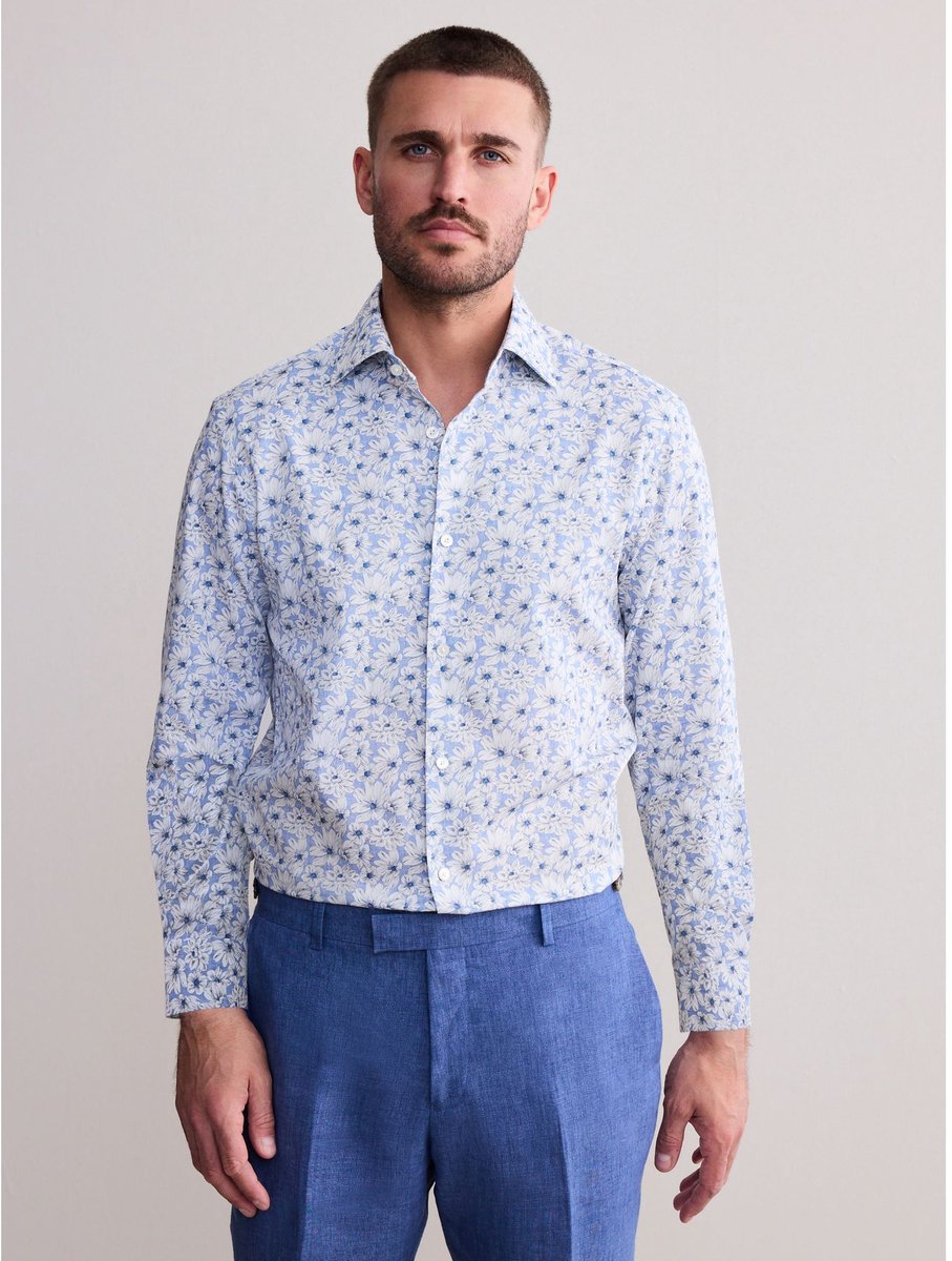 Next - Heren - Signature 100% katoenen overhemd met Bloemen Print en Lange mouwen - Blauw