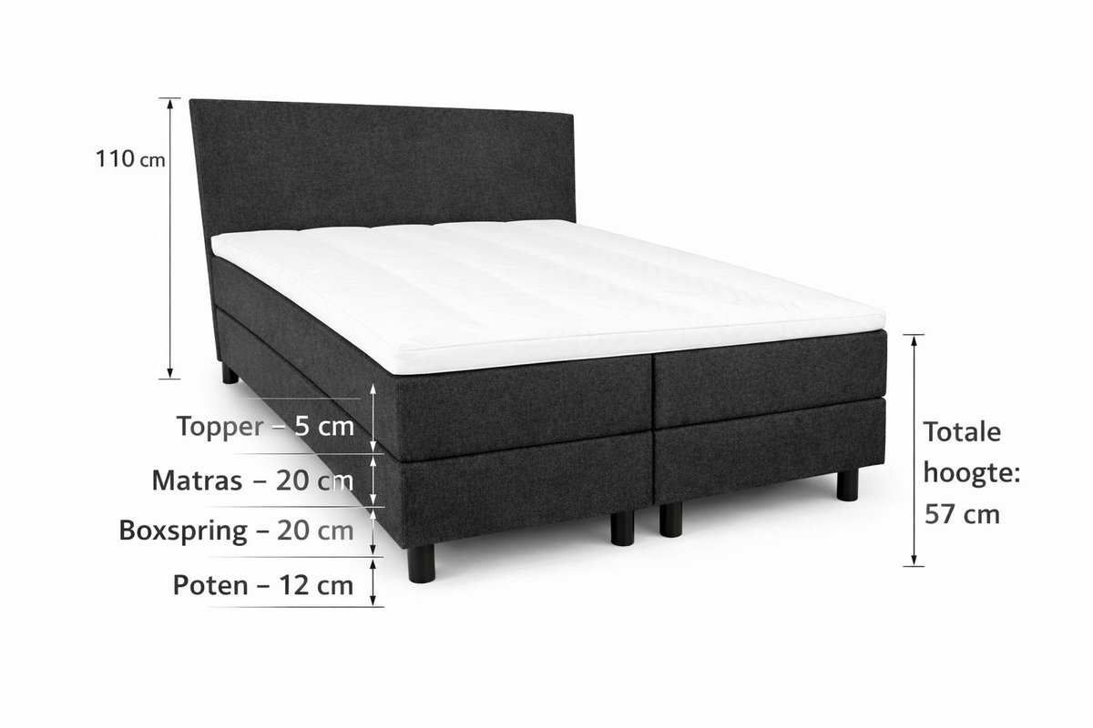 Boxspring Ayla Royal - 160x220 Compleet - Antraciet Glad - Ayla Matrassen - 2 persoons