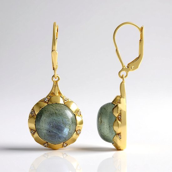 Boucles d'oreilles en argent Cavill plaquées or avec labradorite verte 12 mm cabochon et diamant champagne pendantes, bijoux élégants