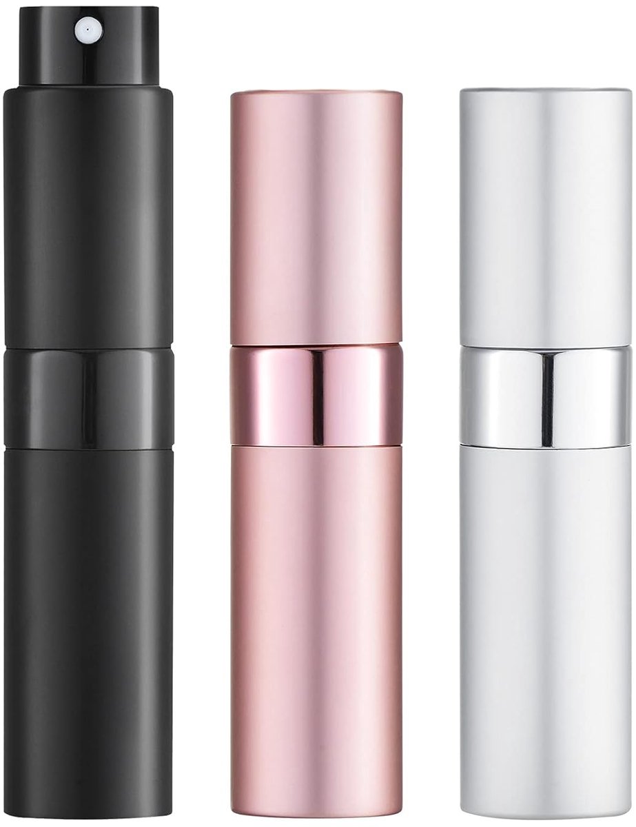 3 stuks Parfumverstuivers - 10 ml Parfumverstuiver Navulbaar - Reisverstuivers - Draagbare Mini Parfumverstuivers - Geperforeerde Verstuivers - Herbruikbaar - Geschikt voor draagbaar gebruik en reizen - Zwart, Zilver, Roze