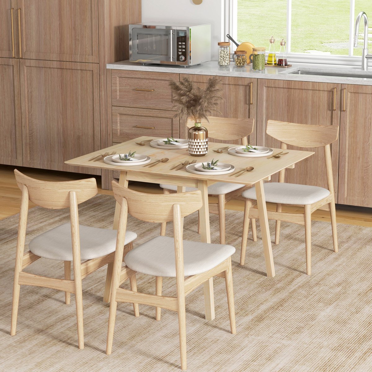 Wishdor - Inklapbare Eettafel - Klapbaar En Ruimtebesparend - Natuurlijke Uitstraling - Voor Keuken - Hout - Naturel - 110 X 86 X 75 Cm