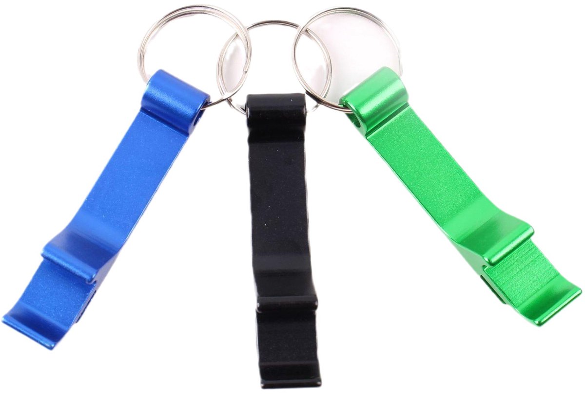 Deze driedelige sleutelhangerset met flesopener bevat een sleutelring met flesopener en een mini-sleutelhanger met flesopener, geschikt voor dagelijks gebruik en als cadeau. (Afmetingen: 6,5 x 1,2 cm)