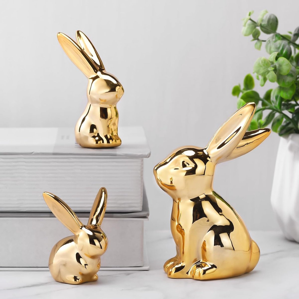 Paasdecoratie Konijn Beeldjes - Paaskonijn Set - Thuis Kantoor Decoratie - Set van Drie Maten - Tot 115 cm - Goud
