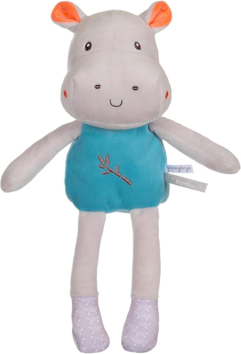Nijlpaard Knuffel - Pluche Dier - Baby Knuffelen - Bamboe Borduurwerk - 24 cm - Grijs en Blauw