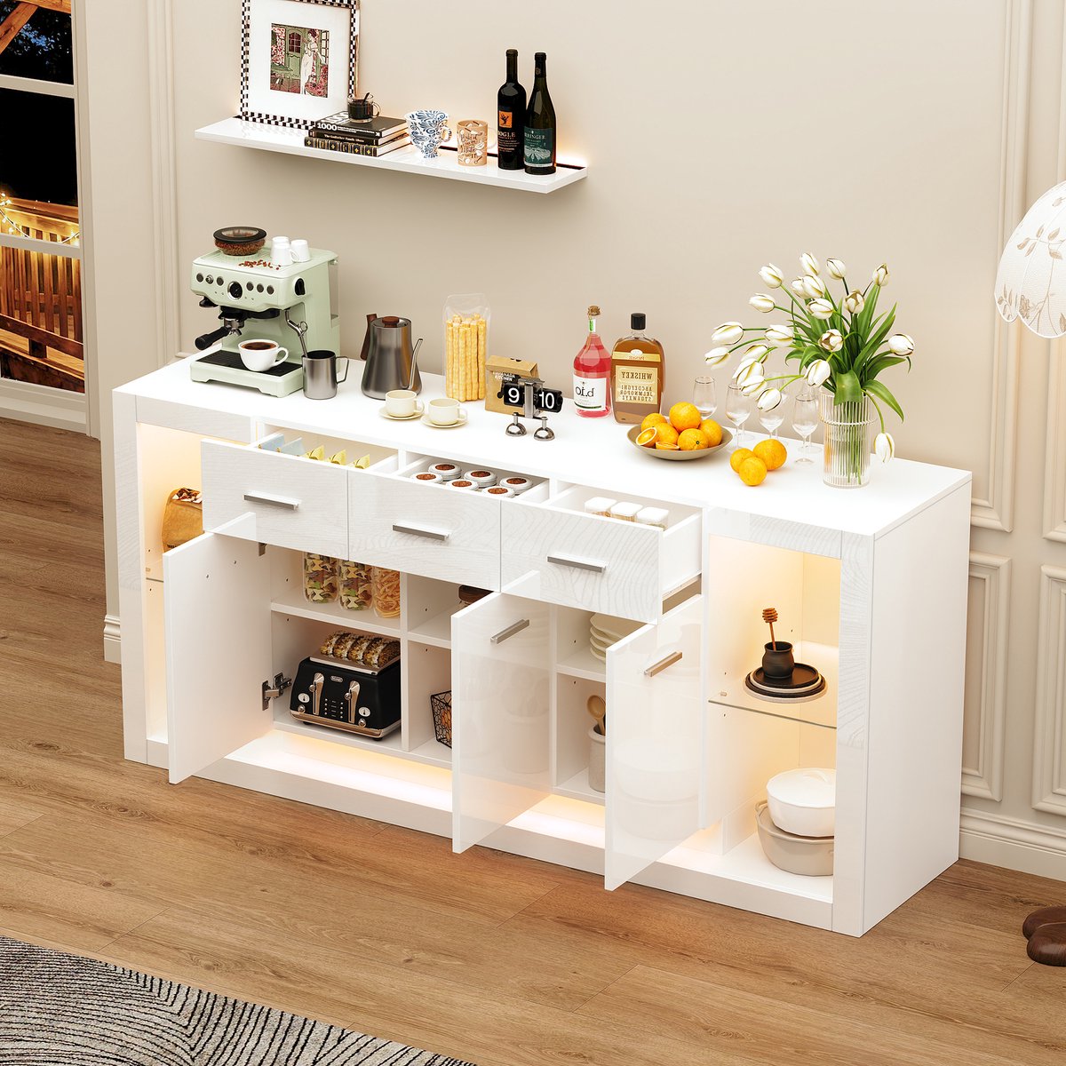 MODENUIT Dressoir - Met LED, 3 Laden En 14 Vakken - Voor Woonkamer - Spaanplaat En Glas - 160x40x75 Cm - Wit