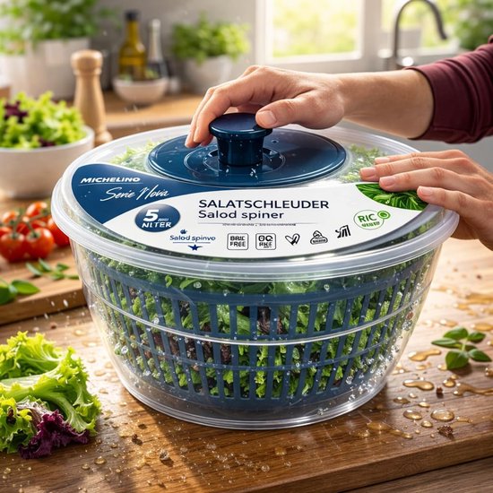 Slacentrifuge XXL - Keukenhulp Kom - Salades Maken - BPA-vrij Ontwerp - 5 Liter Volume - Atlantisch Blauw van Merkloos — afbeelding 4