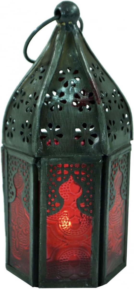 Oosterse Metalen Lantaarn - Decoratieve Kaarslantaarn - Sfeervolle Verlichting Huis - Filigraan Ornamenten Glas - 14x6x6 cm - Rood