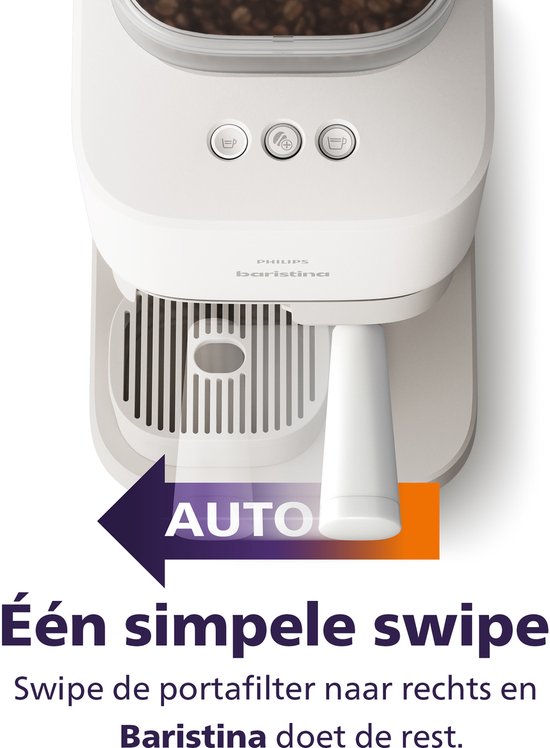 Detail van de Philips Baristina met 'AUTO' pijl en tekst 'Eén simpele swipe'.