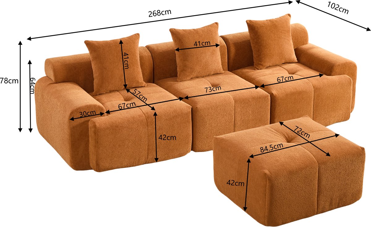 STILVORA Hoekbank 268 x 102 x 78 cm - Modulair 3-Zits Met Hocker En Zijvakken - Voor Woonkamer - Kordstof - Oranje